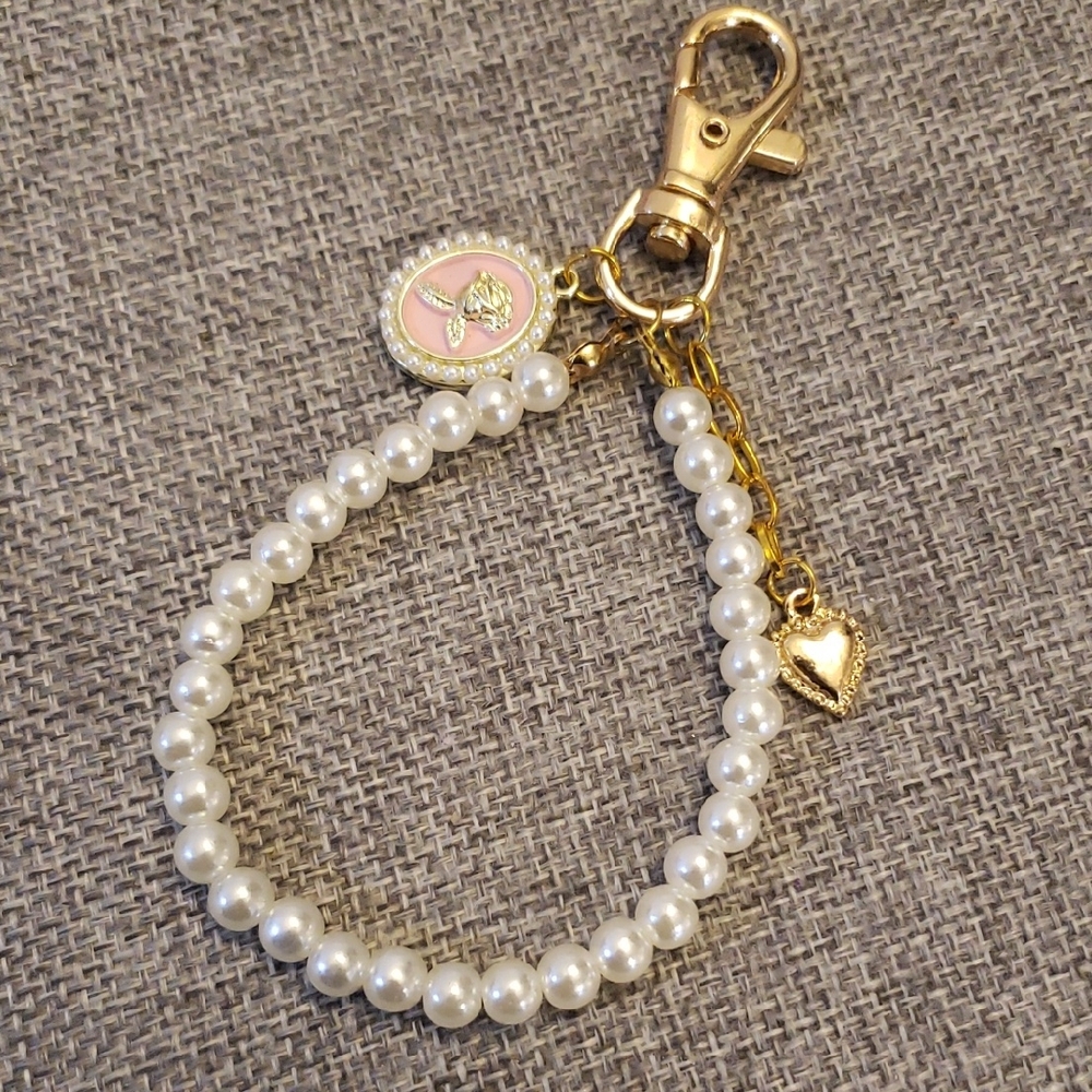 Elegant Pearl Bead Bag Charm with Gold Accents